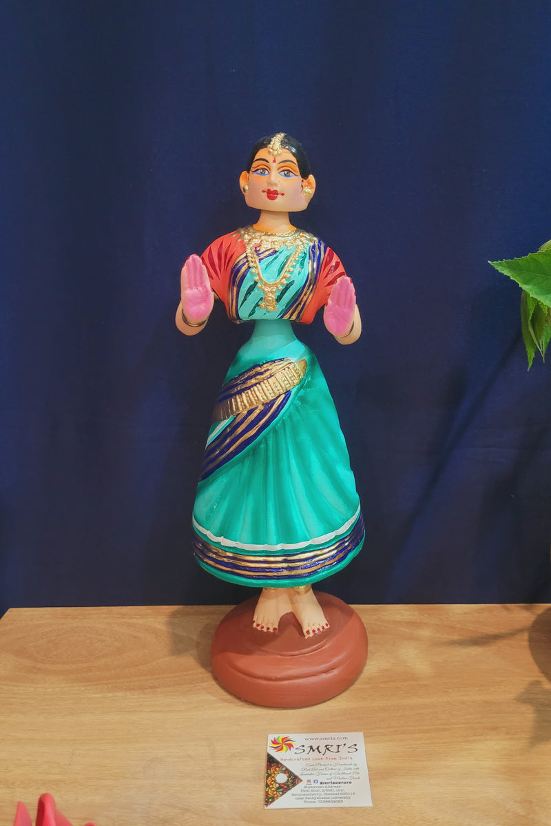 Tanjore dolls Thanjavur Thalayatti Bommai Traditional Woman Dancing Doll 14 inch Big Green with Red (13.5 H * 4.5 L * 4.5 W) inch Paper mache golu dolls butta bomma