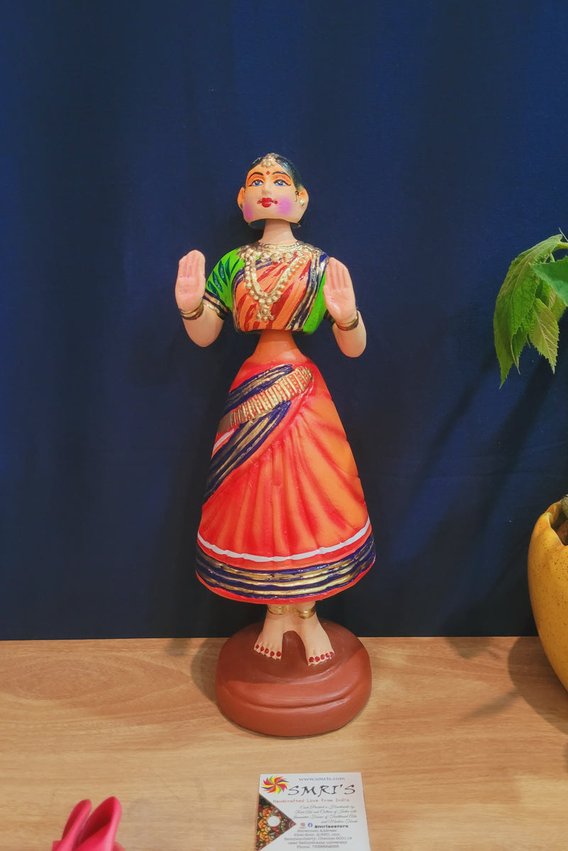 Tanjore dolls Thanjavur Thalayatti Bommai Traditional Woman Dancing Doll 14 inch Big Orange with Green (13.5 H * 4.5 L * 4.5 W) inch Paper mache golu dolls butta bomma