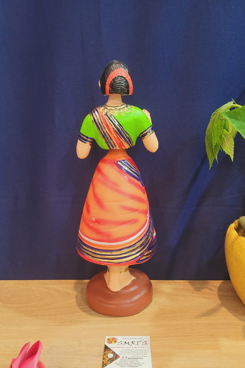 Tanjore dolls Thanjavur Thalayatti Bommai Traditional Woman Dancing Doll 14 inch Big Orange with Green (13.5 H * 4.5 L * 4.5 W) inch Paper mache golu dolls butta bomma