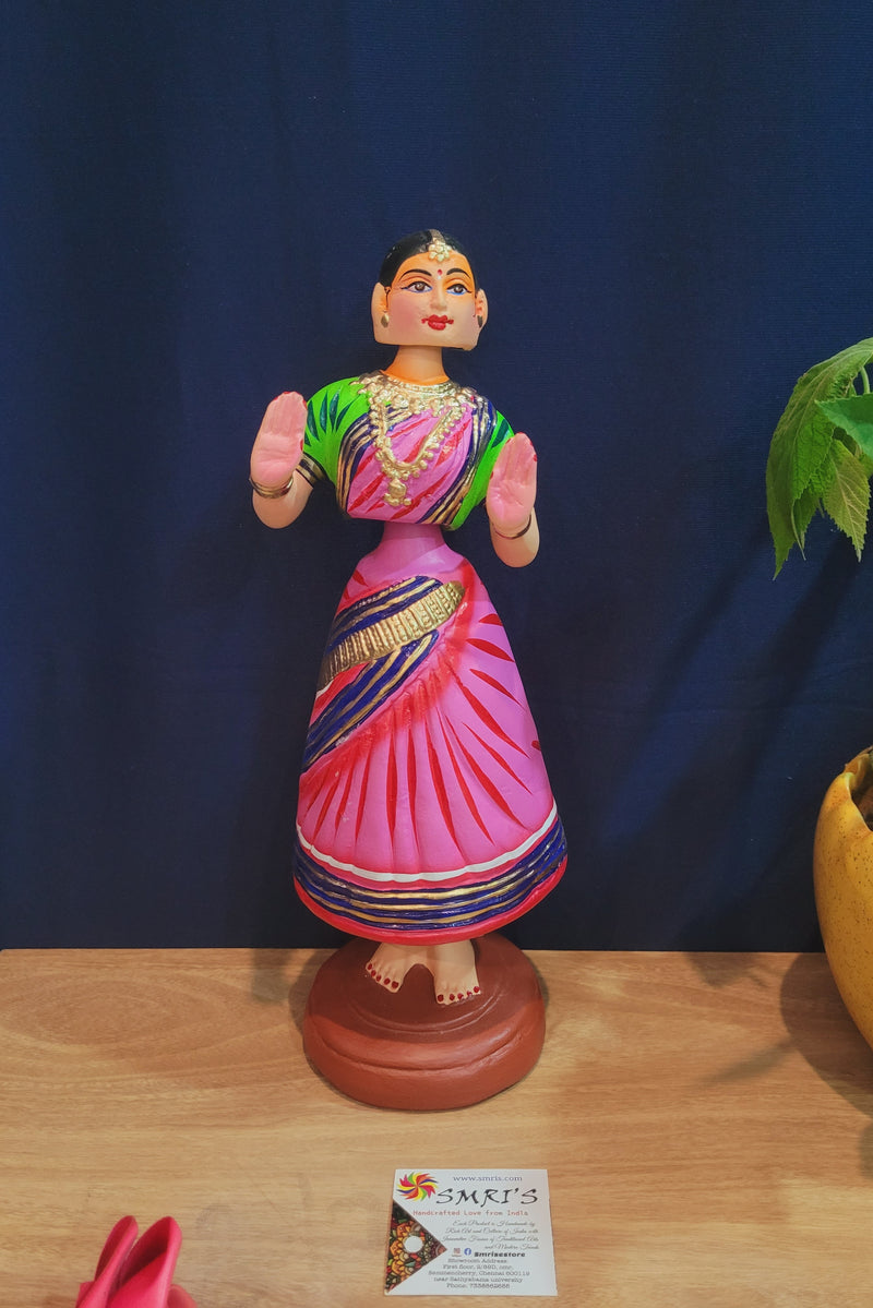 Tanjore dolls Thanjavur Thalayatti Bommai Traditional Woman Dancing Doll 14 inch Big Pink with Green (13.5 H * 4.5 L * 4.5 W) inch Paper mache golu dolls butta bomma