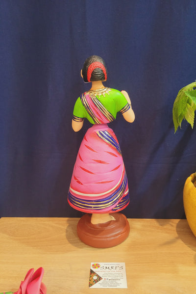 Tanjore dolls Thanjavur Thalayatti Bommai Traditional Woman Dancing Doll 14 inch Big Pink with Green (13.5 H * 4.5 L * 4.5 W) inch Paper mache golu dolls butta bomma