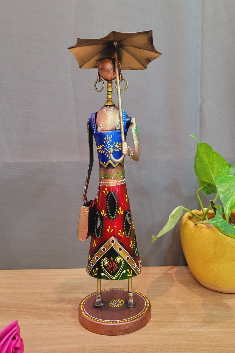 Umbrella Lady with handbag modern show piece with jali work home decor (Blue, red, Green) (15 H x 5 L x 5 W ) inches