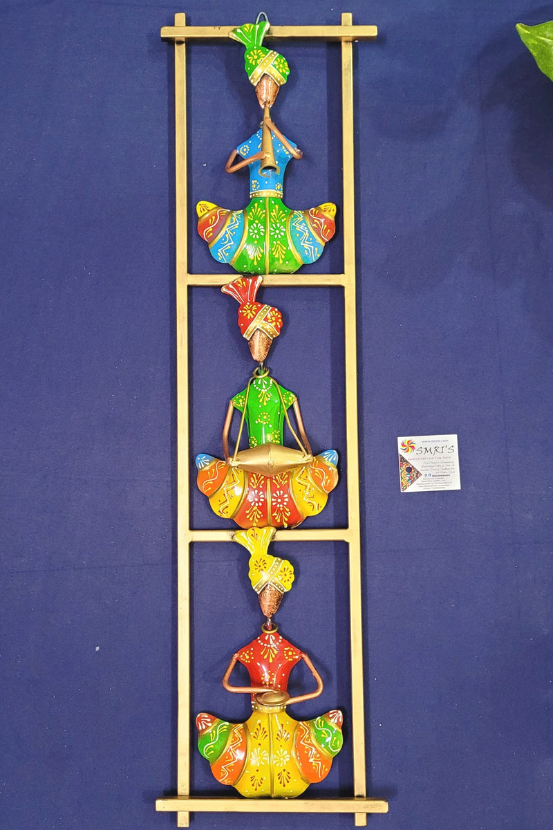 Vertical Three Rajasthani Musicians men frame New wall decor iron Blue green red ( 28 H * 7.5L * 2 W ) Inches