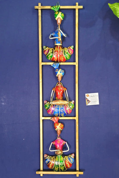 Vertical Three Rajasthani Musicians men frame New wall decor iron blue red violet ( 28 H * 7.5L * 2 W ) Inches