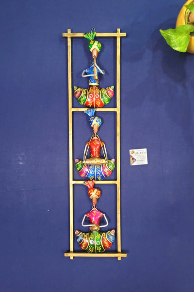 Vertical Three Rajasthani Musicians men frame New wall decor iron blue red violet ( 28 H * 7.5L * 2 W ) Inches
