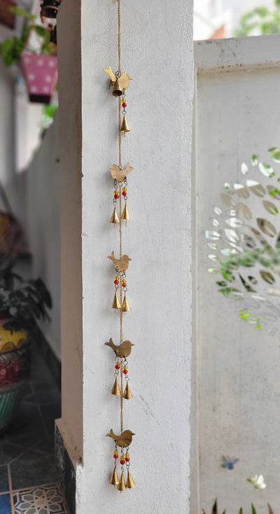 Wind chime Thoran Thoranam Bird 5 in 1 Gold hanging with glass beads home decor balcony decor entrance decor return gifts corporate gifts (33H * 2.5L * 1W) inches