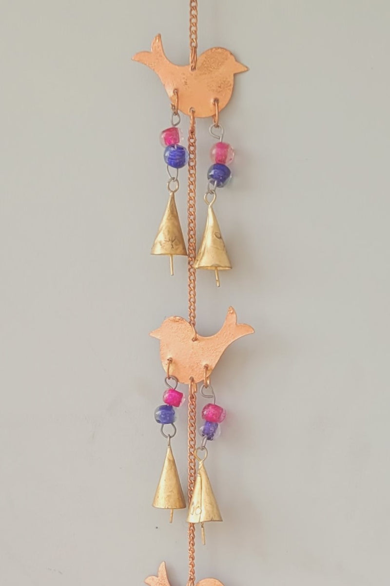 Wind chime Thoran Thoranam Birds 5 in 1 Copper hanging with glass beads home decor balcony decor entrance decor return gifts corporate gifts (33H * 2.5L * 1W) inches