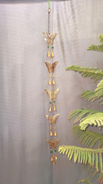 Wind chime Thoran Thoranam Butterfly 5 in 1 hanging Gold hanging with glass beads home decor balcony decor entrance decor return gifts corporate gifts (38H * 4L * 1W) inches