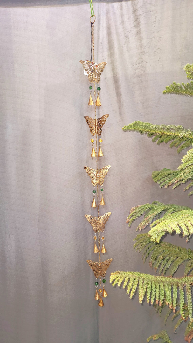 Wind chime Thoran Thoranam Butterfly 5 in 1 hanging Gold hanging with glass beads home decor balcony decor entrance decor return gifts corporate gifts (38H * 4L * 1W) inches