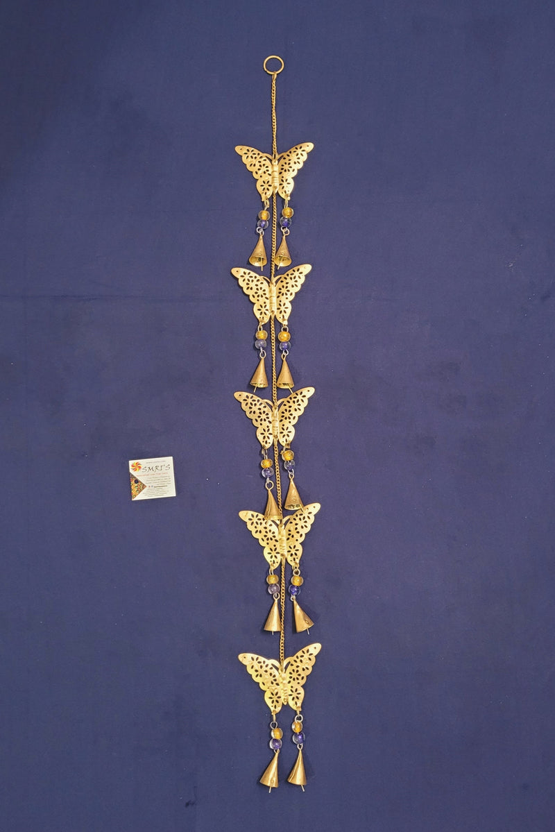 Wind chime Thoran Thoranam Butterfly 5 in 1 hanging Gold hanging with glass beads home decor balcony decor entrance decor return gifts corporate gifts (38H * 4L * 1W) inches