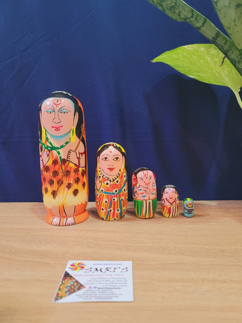 Wooden 5 in 1 set Lord Shiva Familly Nested dolls  handcrafted Handmade Home decor (6 H * 2 L * 2 W) Inches