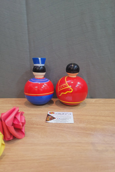 Wooden Balancing Raja Rani Doll Cute Indian Couple Pair Raja Blue & Red with Rani Red show piece Indian handicrafts Couple Gifts (5H * 3L * 3W) inches