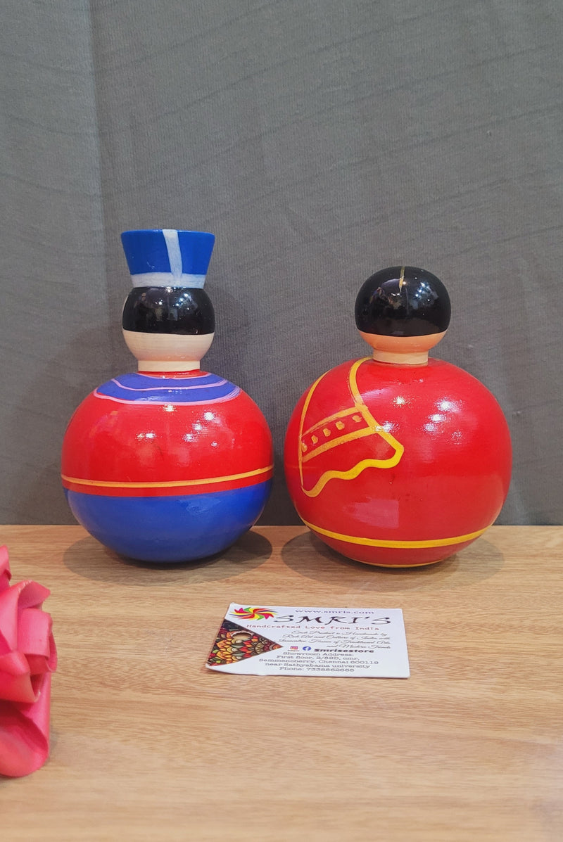 Wooden Balancing Raja Rani Doll Cute Indian Couple Pair Raja Blue & Red with Rani Red show piece Indian handicrafts Couple Gifts (5H * 3L * 3W) inches