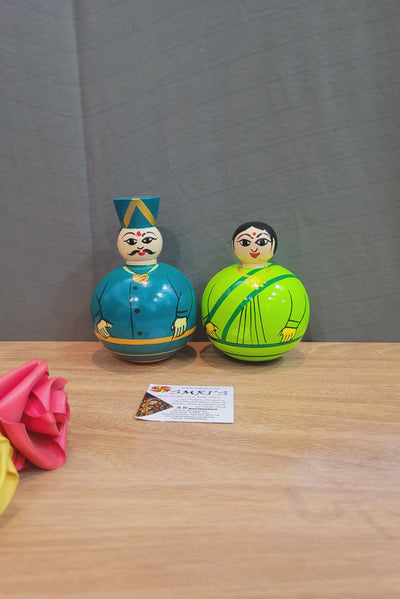 Wooden Balancing Raja Rani Doll Cute Indian Couple Pair Raja Green with Rani Light Green show piece Indian handicrafts Couple Gifts (5H * 3L * 3W) inches