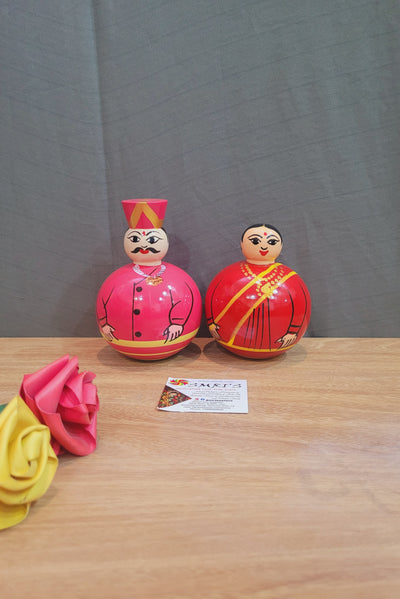 Wooden Balancing Raja Rani Doll Cute Indian Couple Pair Raja Pink with Rani Red show piece Indian handicrafts Couple Gifts (5H * 3L * 3W) inches