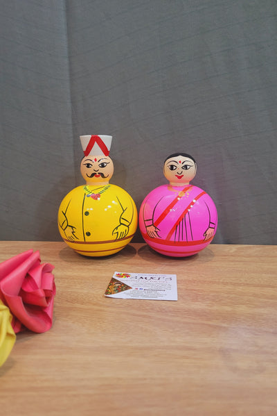 Wooden Balancing Raja Rani Doll Cute Indian Couple Pair Raja Yellow with Rani Pink show piece Indian handicrafts Couple Gifts (5H * 3L * 3W) inches