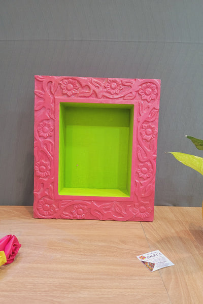 Wooden carving Temple Wall Shelf Green Pink to keep diyas or idols( 12.5 H * 14.5 L * 4 W ) inches