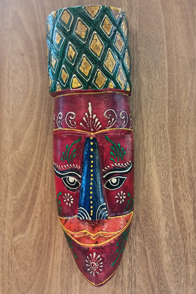 Wooden carving tribal Red hand painted Mask Large Indian handicrafts Home decor (12 H * 4 L * 2.5 W ) Inches