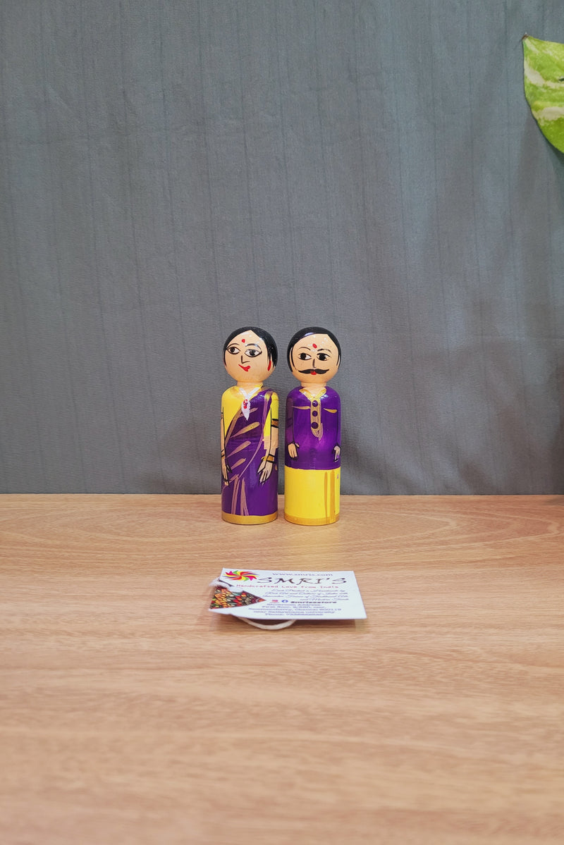 Wooden couple Indian Doll 4inch violet Men and yellow woman(4H * 1L * 1W) inches Show piece Home decor return gifts baby shower gifts