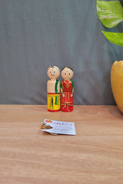 Wooden couple  Indian Mama mani Doll 4inch yellow and Red (4H * 1L * 1W) inches Show piece Home decor return gifts baby shower gifts