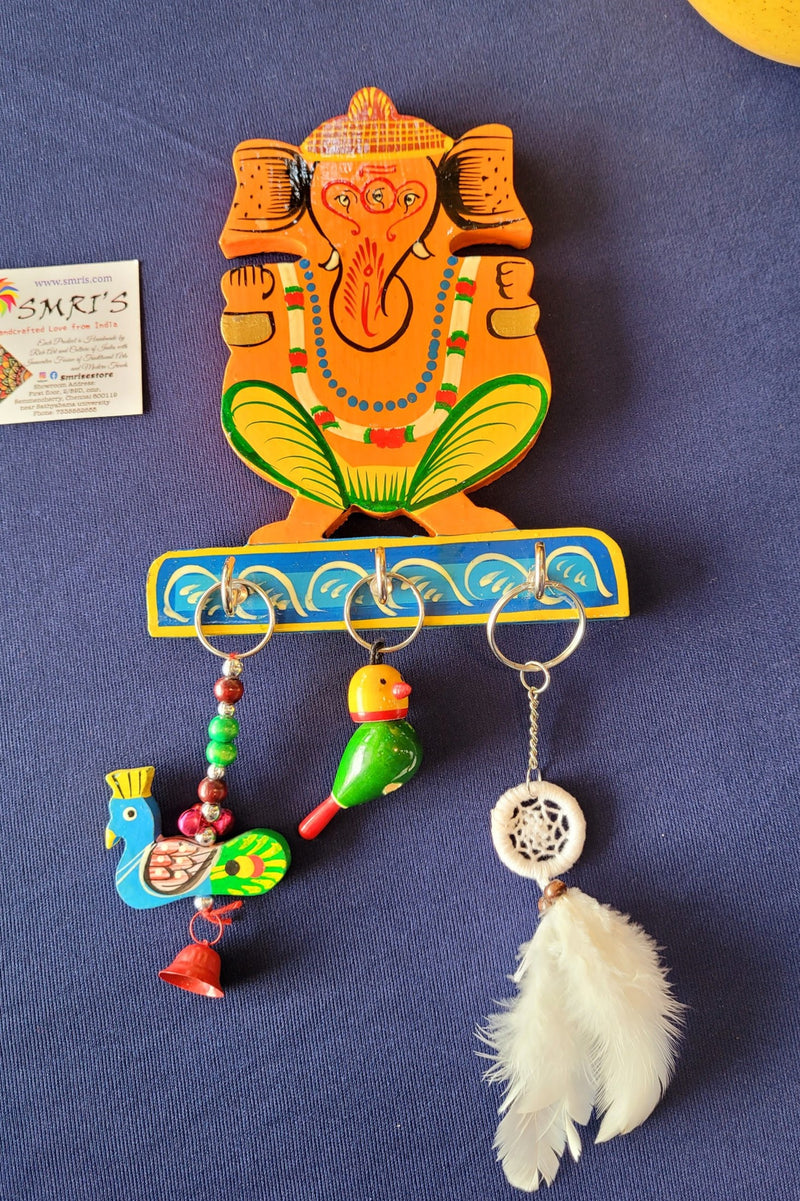 Wooden Ganesha 3 hook Key holder Key hanger handcrafted Handmade Home decor (6.5 H * 5.5 L * 1 W) Inches