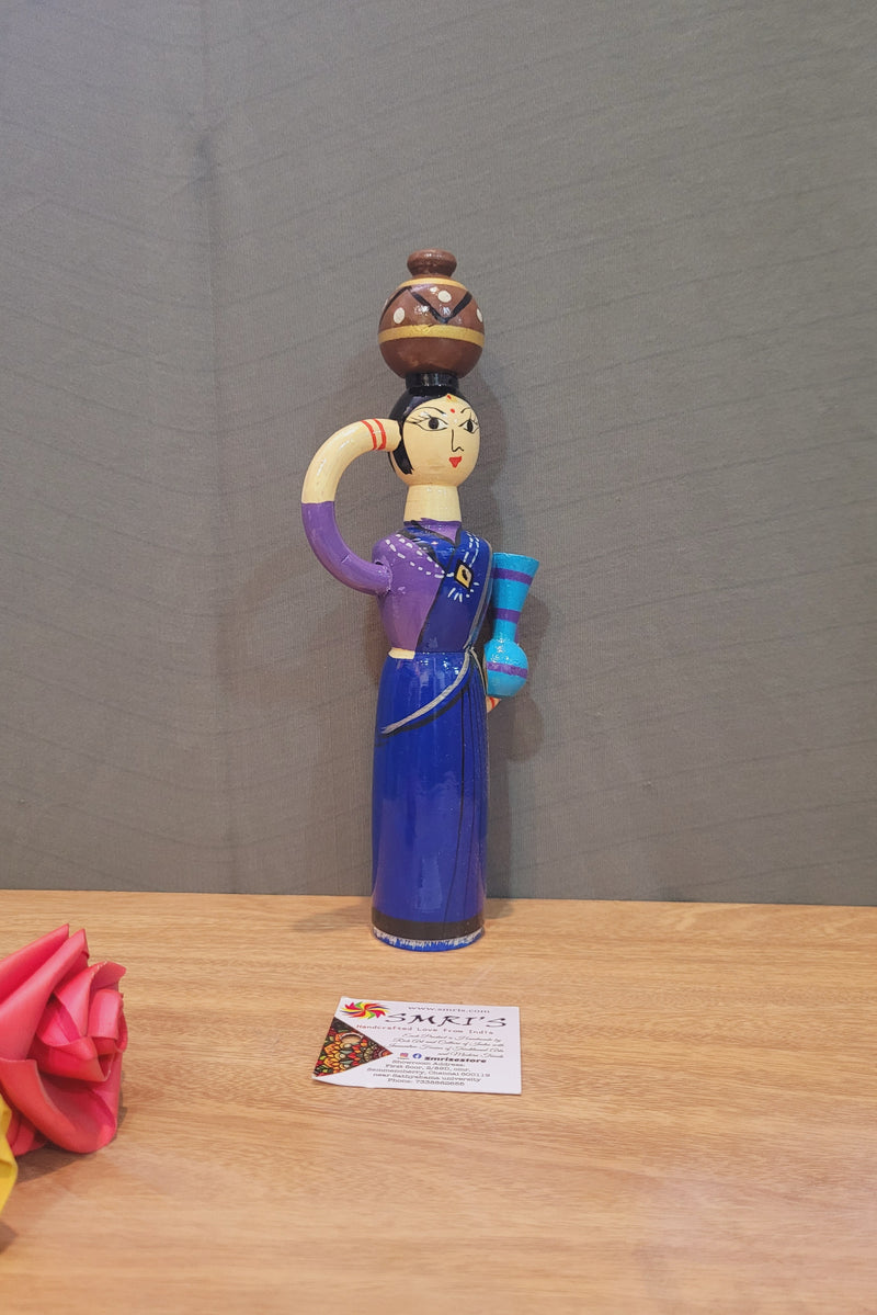 Wooden Pot Lady Blue and Violet Indian handicrafts handpainted show piece doll (9H * 3.5L * 1.5W) inches