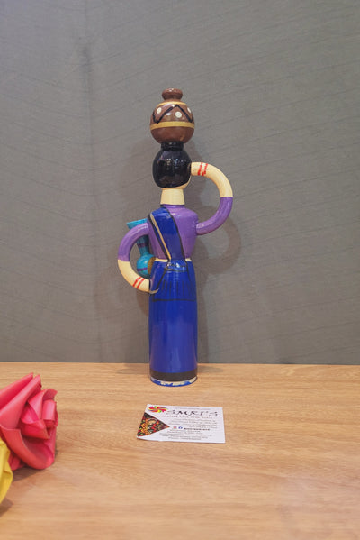 Wooden Pot Lady Blue and Violet Indian handicrafts handpainted show piece doll (9H * 3.5L * 1.5W) inches