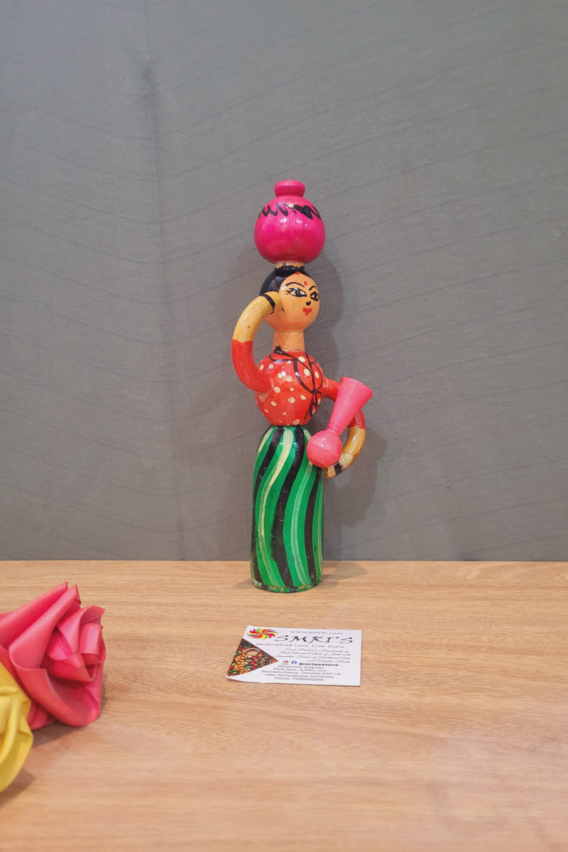 Wooden Pot Lady Green and Red Indian handicrafts handpainted show piece doll (9H * 3.5L * 1.5W) inches