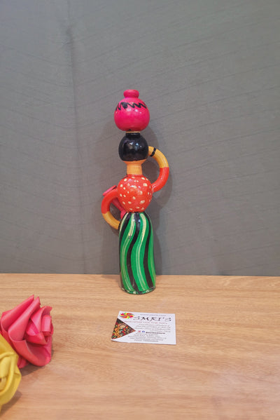 Wooden Pot Lady Green and Red Indian handicrafts handpainted show piece doll (9H * 3.5L * 1.5W) inches