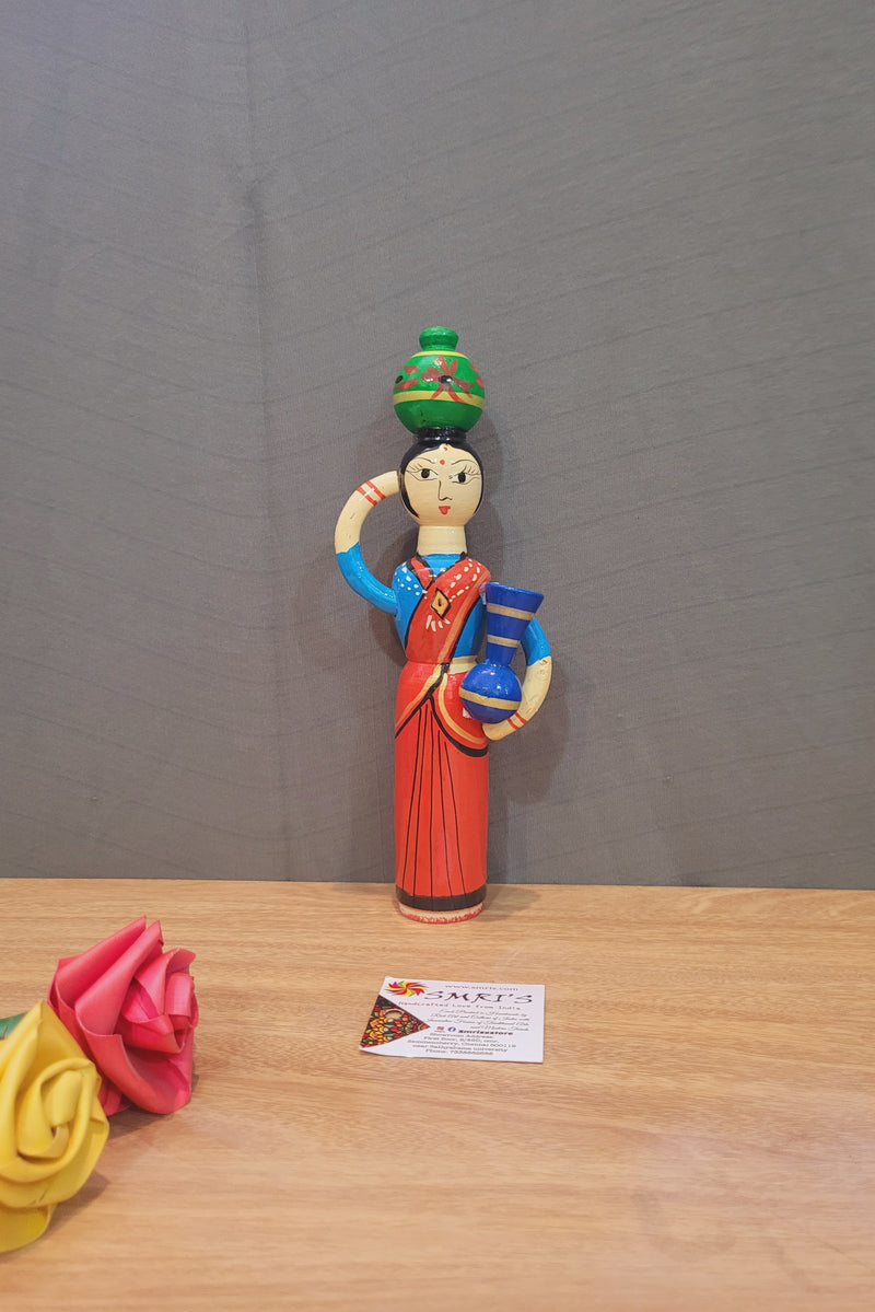 Wooden Pot Lady Indian handicrafts handpainted show piece