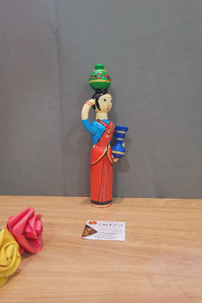 Wooden Pot Lady Red and Blue Indian handicrafts handpainted show piece doll  (9H * 3.5L * 1.5W) inches