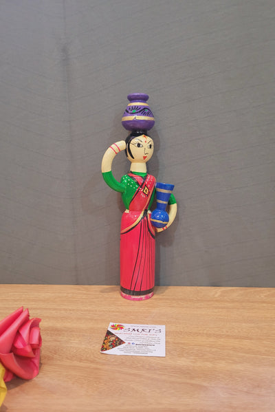 Wooden Pot Lady Red and Green Indian handicrafts handpainted show piece doll (9H * 3.5L * 1.5W) inches