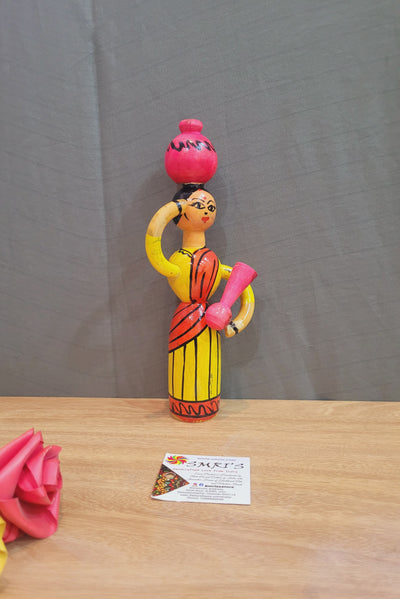 Wooden Pot Lady Yellow and Red Indian handicrafts handpainted show piece doll (9H * 3.5L * 1.5W) inches