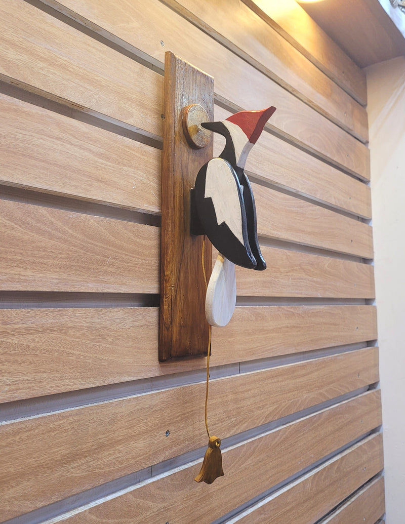 Wooden Woodpecker Door Bell / Door Knocker / calling Bell Made of premium Teak wood White & Black with Red Calling bell wood pecker ( 12.5 H * 8 L * 4.5 W ) Inches