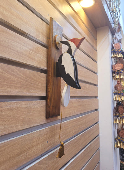 Wooden Woodpecker Door Bell / Door Knocker / calling Bell Made of premium Teak wood White & Black with Red Calling bell wood pecker ( 12.5 H * 8 L * 4.5 W ) Inches