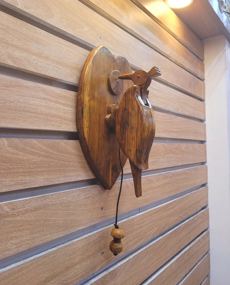 Woodpecker Door Bell / Door Knocker / calling Bell Made of premium Teak wood Heart Shape Natural Colour Wooden carving fine finish wood pecker( 14 H * 5 L * 4 W ) Inches