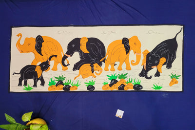 Applique Art Elephants with calves Horizontal (Black, Yellow) Large ( 20H * 50L * 0.1W ) inches Tribal art wall decor handmade by Indian rural artists