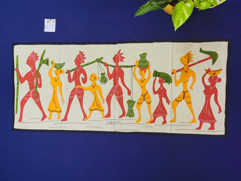 Applique Art Farmer Family Horizontal (Red, Yellow) Medium ( 15H * 35L * 0.1W ) inches Tribal art wall decor handmade by Indian rural artists