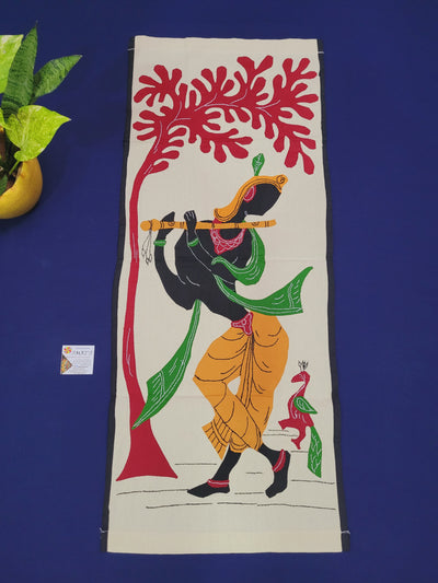 Applique Art Krishna with Flute under Red Tree Medium ( 35H * 15L * 0.1W ) inches Tribal art wall decor handmade by Indian rural artists
