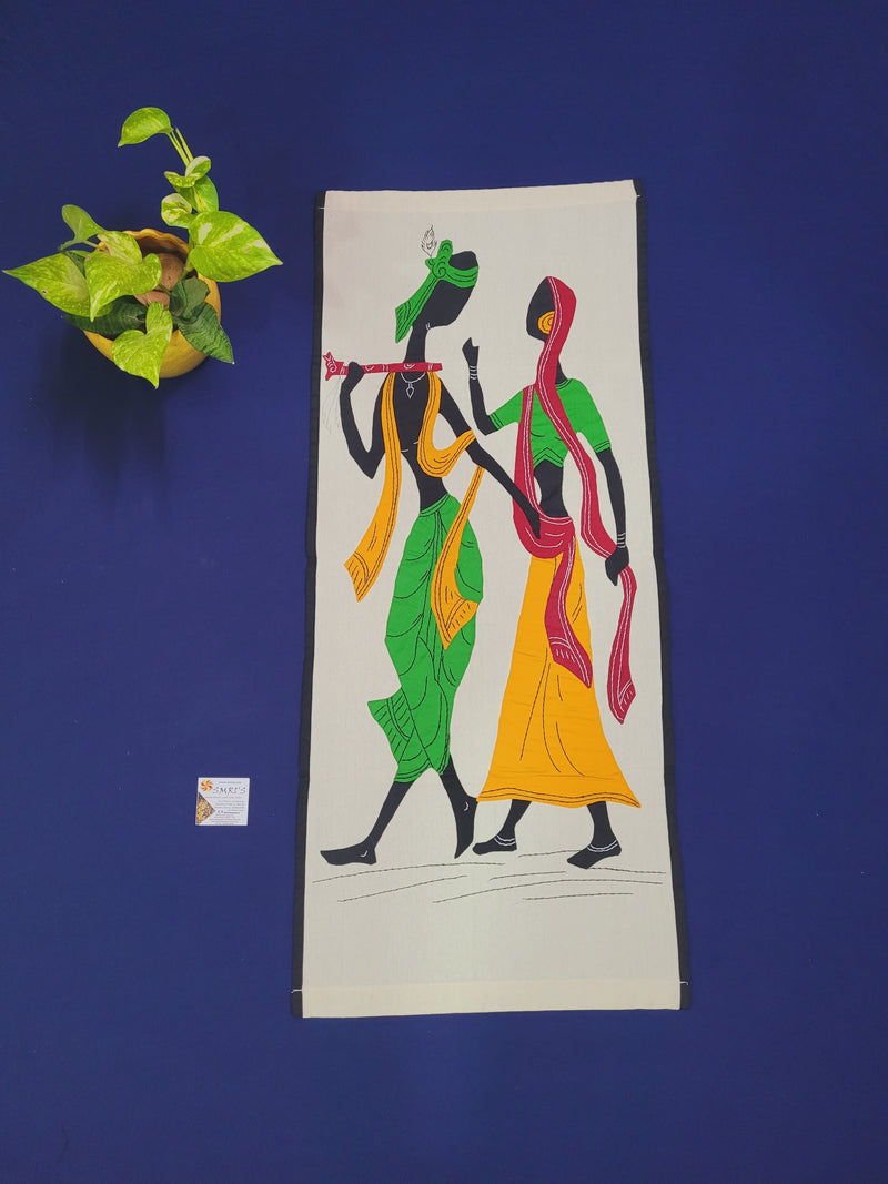 Applique Art Radha Krishna Radhe Krishna with Flute Medium ( 35H * 15L * 0.1W ) inches Tribal art wall decor handmade by Indian rural artists
