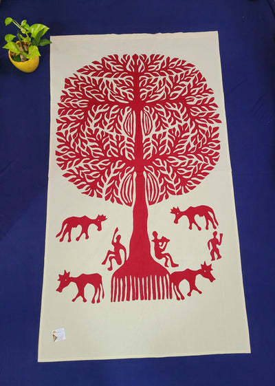 Applique Art Red Tree Big ( 70H * 40L * 0.1W ) inches Tribal art wall decor handmade by Indian rural artists