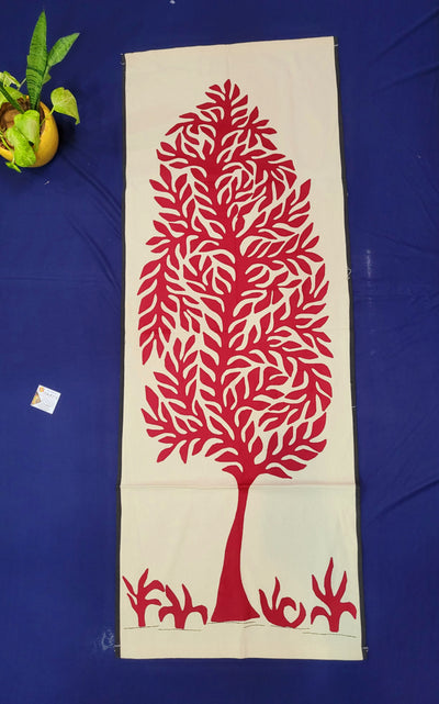 Applique Art Red Tree Large ( 50H * 20L * 0.1W ) inches Tribal art wall decor handmade by Indian rural artists