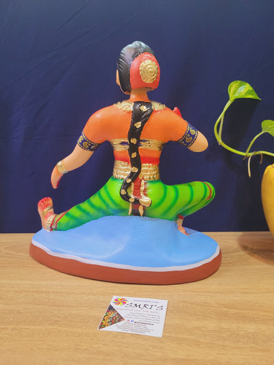 Bharathanatiyam doll dancing head Sitting ( Green, Orange ) Paper Mache 10 inch Handmade Thanjavur Thalayatti Bommai