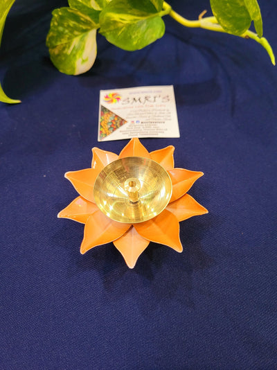 Brass Orange Deepam with Gold Lamp Attractive pooja decor and table decor for living room and diwali decor (1.5  H * 1.5 W * 3 L) inches