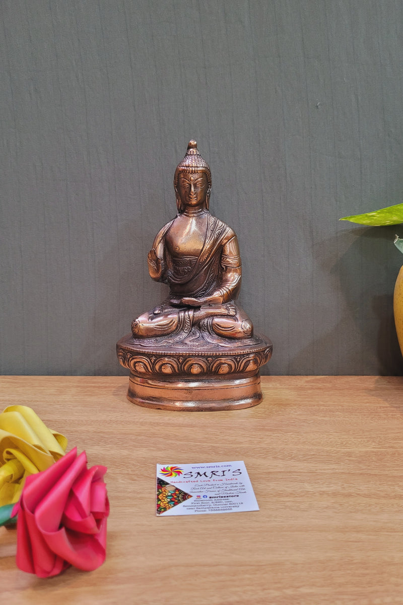 Buddha Small solid statue (5.5H * 5.5L* 3.5W) inches Copper coated Aluminium Idol Table Decor Pooja Decor