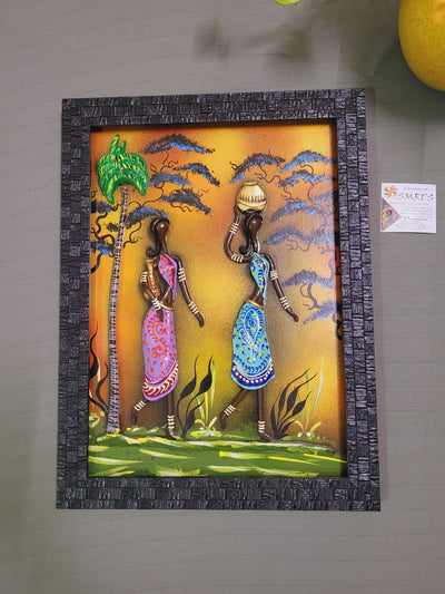 Colourful Mural Art frame Paintings wall decor Tribal Women with pots ( 16H * 12L * 1W) inches Traditional Indian Handicraft