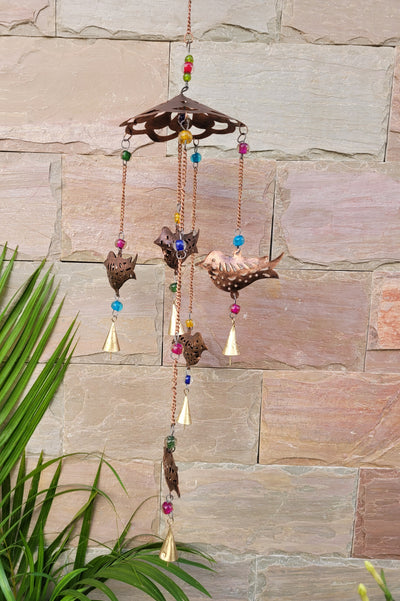 Copper 5 Birds Jhoomar chandelier wind chimes hanging for balcony decor home decor iron ( 28 H x 5.5 L x 5.5 W) inches