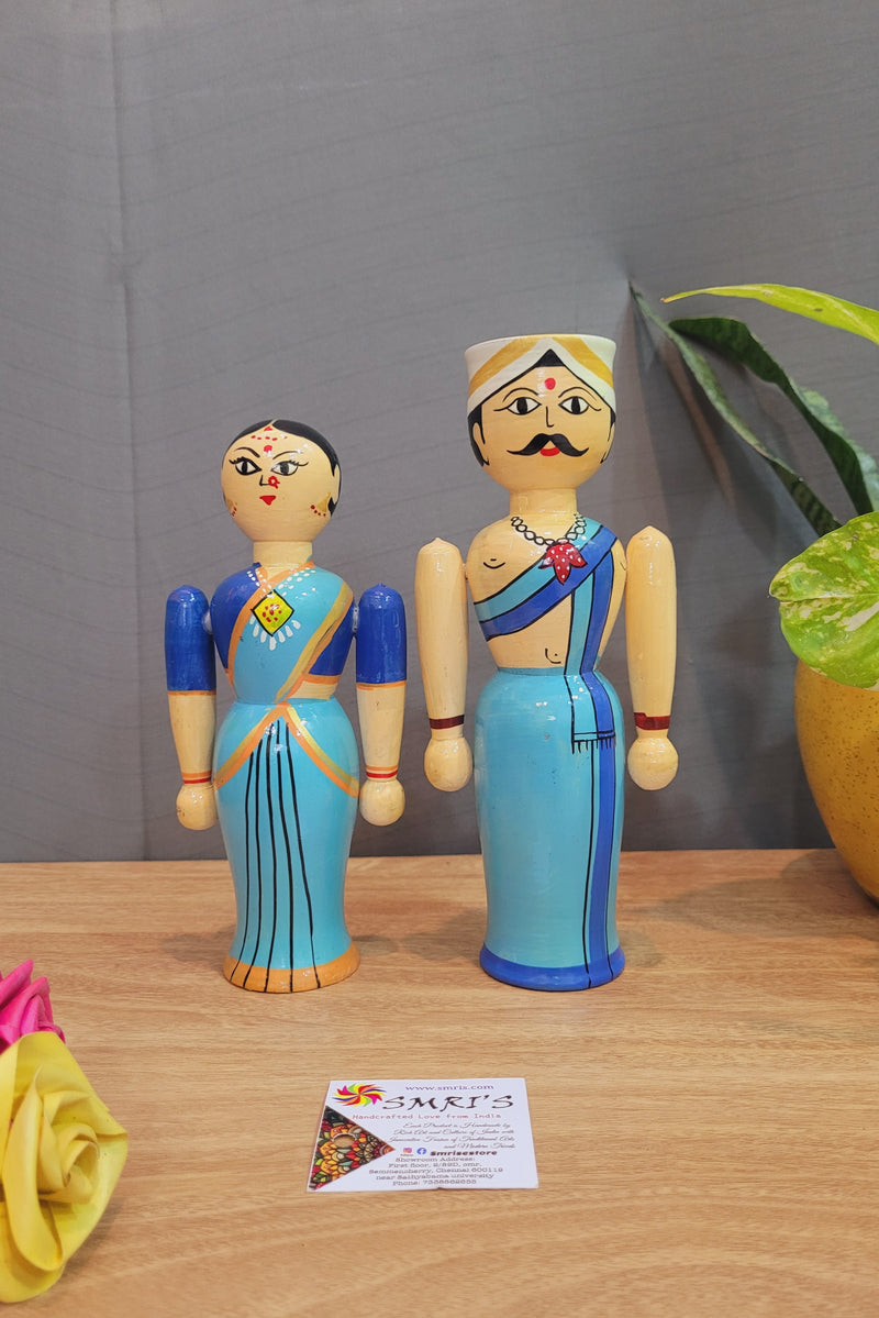 Couple Doll Medium Blue Raja Rani in white wood carving (8.5 H x 3.5 L x 2 W) inches show piece indian traditional handicrafts