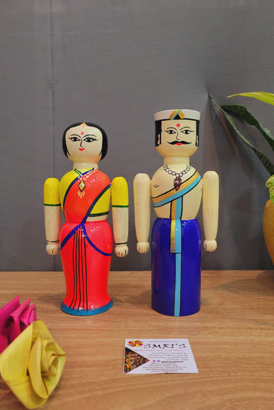 Couple Doll Medium Blue Raja with Pink Rani in white wood carving (8.5 H x 3.5 L x 2 W) inches show piece indian traditional handicrafts
