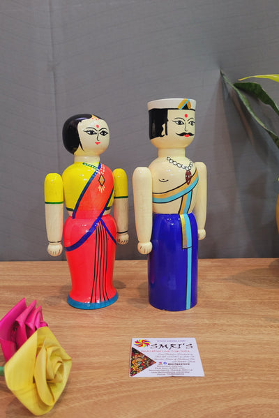 Couple Doll Medium Blue Raja with Pink Rani in white wood carving (8.5 H x 3.5 L x 2 W) inches show piece indian traditional handicrafts